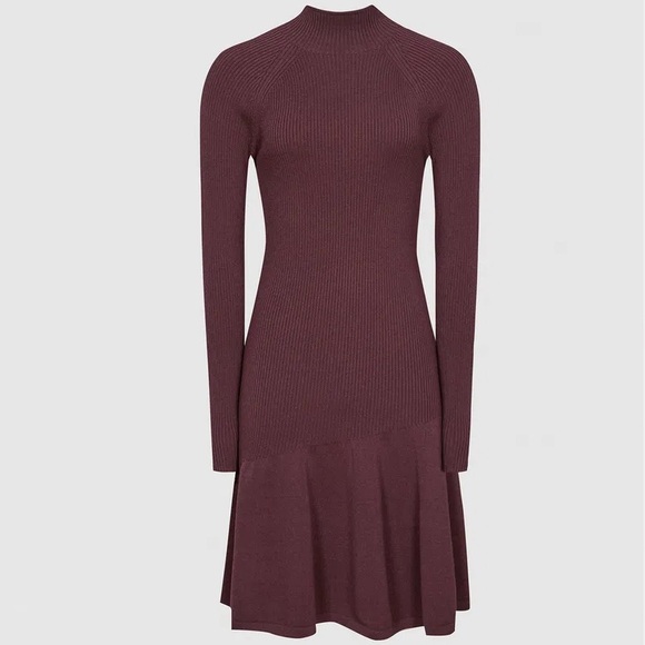 REISS Women’s berry Clary Fluted Knit Turtleneck Ruffle hem Long Sleeve Dress XS - Picture 1 of 7